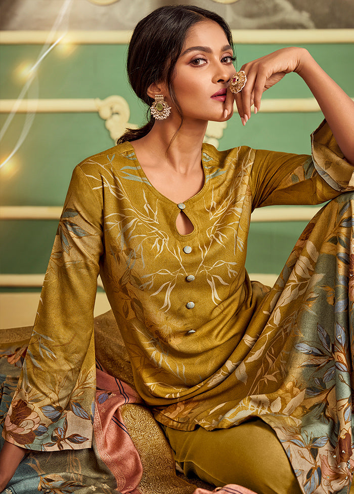 3 Pc Mustard Unstitched Silk Suit Set