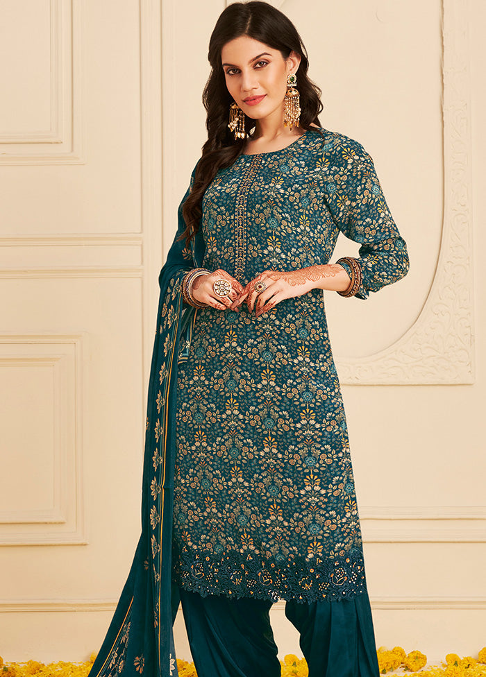 3 Pc Navy Blue Unstitched Crepe Suit Set With Dupatta