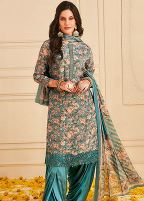 3 Pc Sky Blue Unstitched Crepe Suit Set With Dupatta