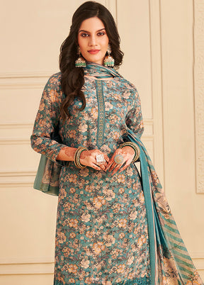 3 Pc Sky Blue Unstitched Crepe Suit Set With Dupatta