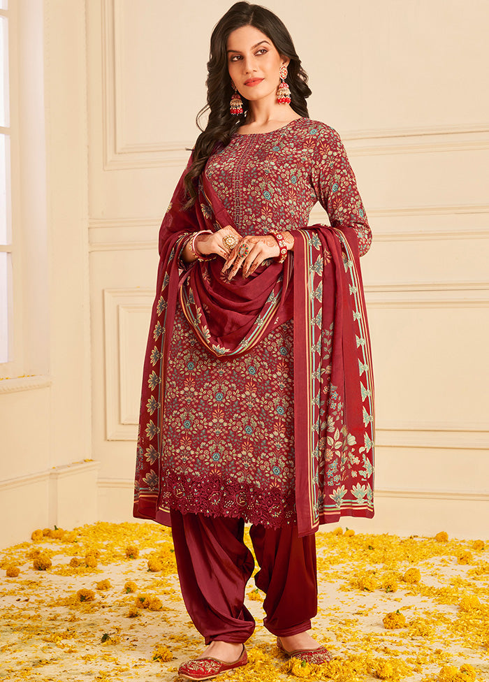 3 Pc Maroon Unstitched Crepe Suit Set With Dupatta