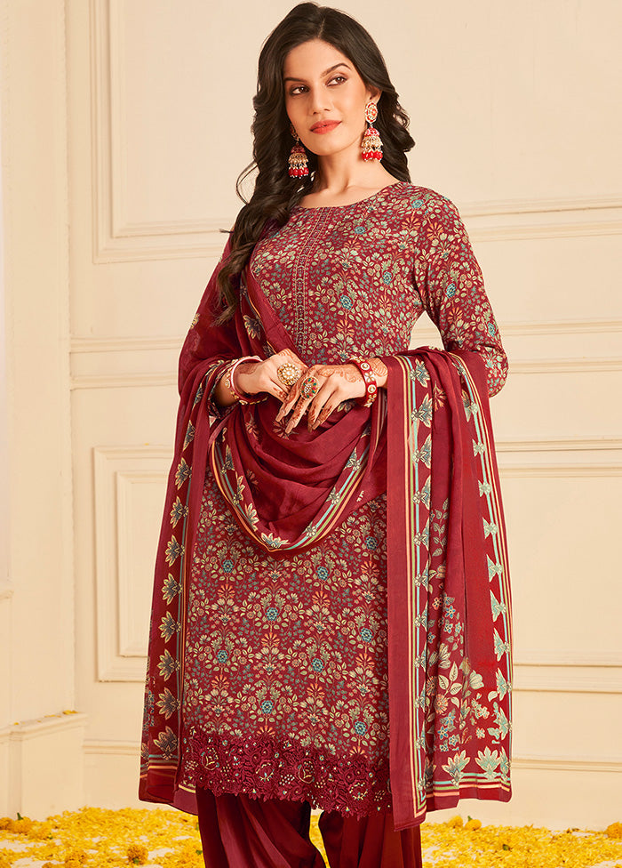 3 Pc Maroon Unstitched Crepe Suit Set With Dupatta