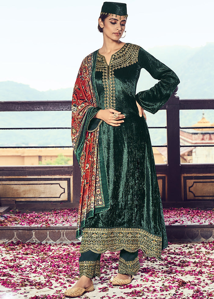 3 Pc Green Unstitched Velvet Suit Set With Dupatta