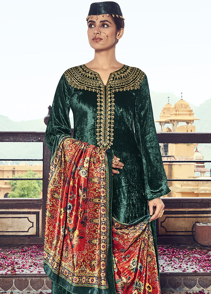 3 Pc Green Unstitched Velvet Suit Set With Dupatta