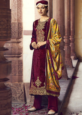 3 Pc Maroon Unstitched Velvet Suit Set With Dupatta