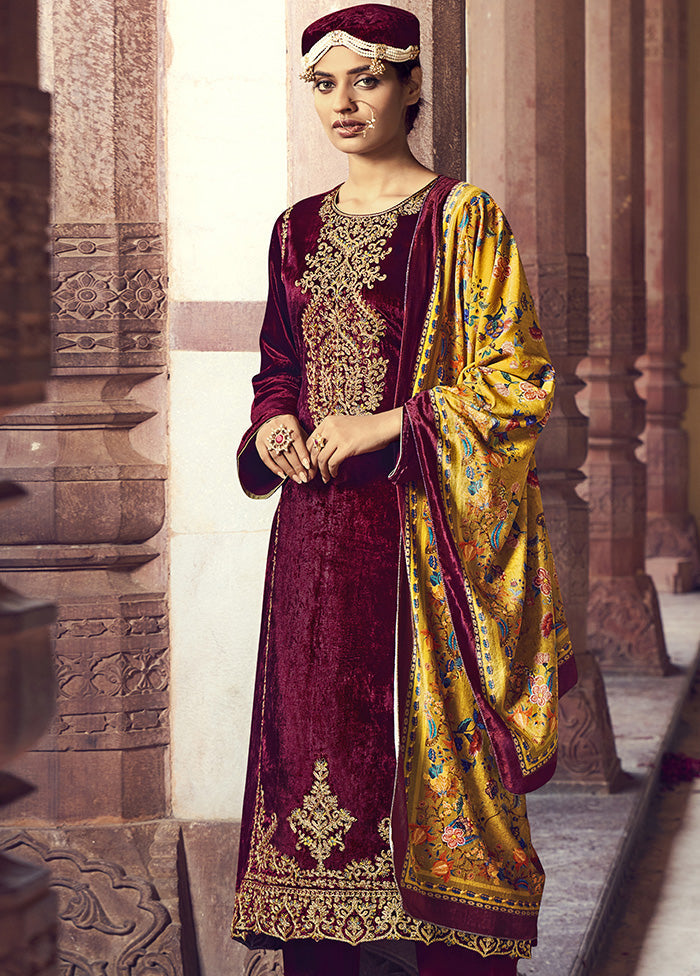 3 Pc Maroon Unstitched Velvet Suit Set With Dupatta