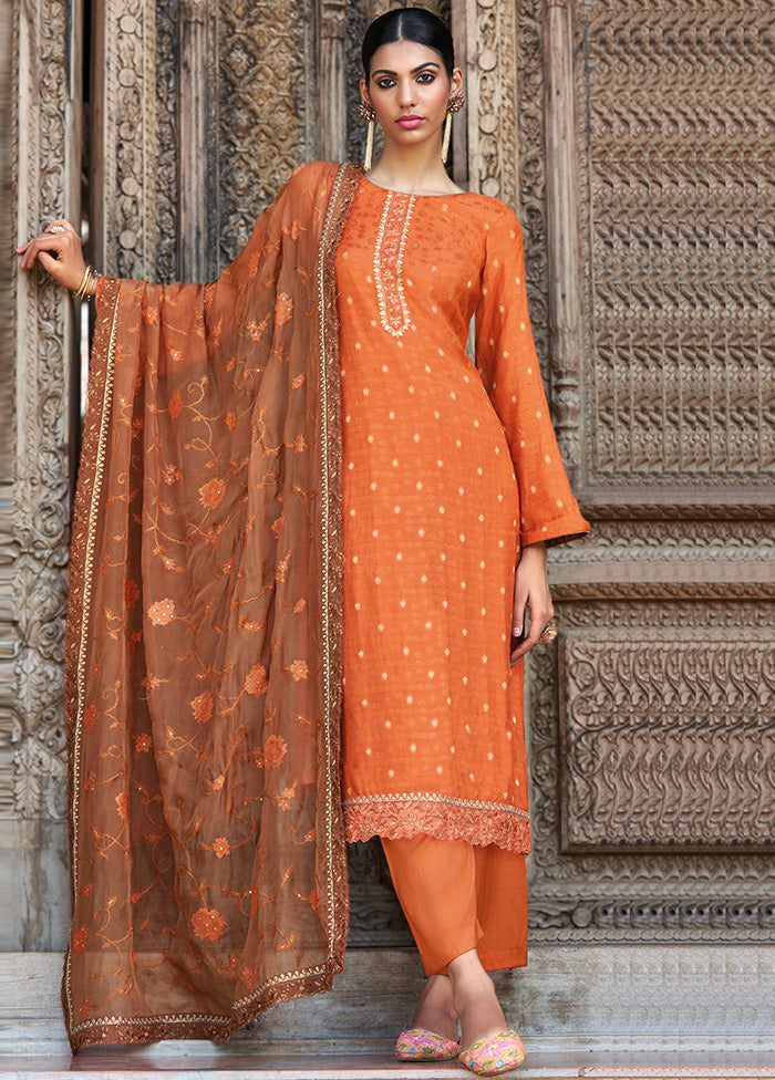 3 Pc Orange Unstitched Silk Suit Set With Dupatta