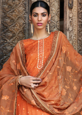 3 Pc Orange Unstitched Silk Suit Set With Dupatta