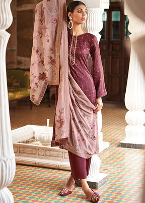 3 Pc Purple Unstitched Silk Suit Set With Dupatta