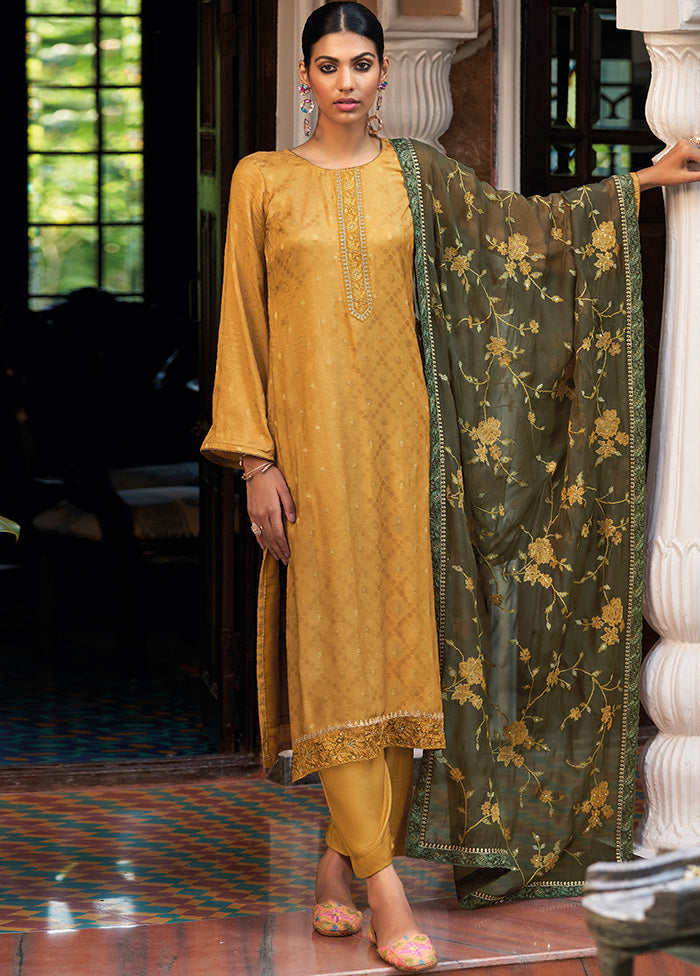 3 Pc Gold Unstitched Silk Suit Set With Dupatta