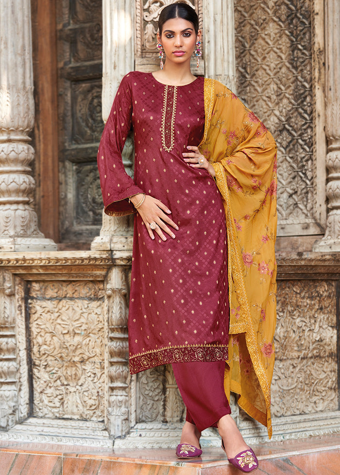 3 Pc Maroon Unstitched Silk Suit Set With Dupatta