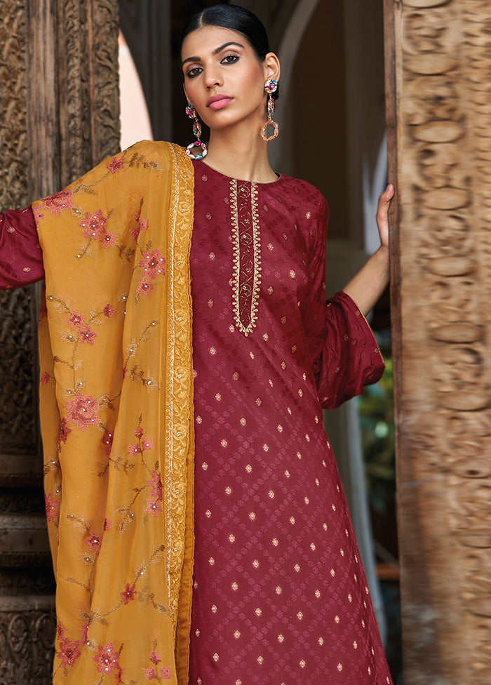 3 Pc Maroon Unstitched Silk Suit Set With Dupatta