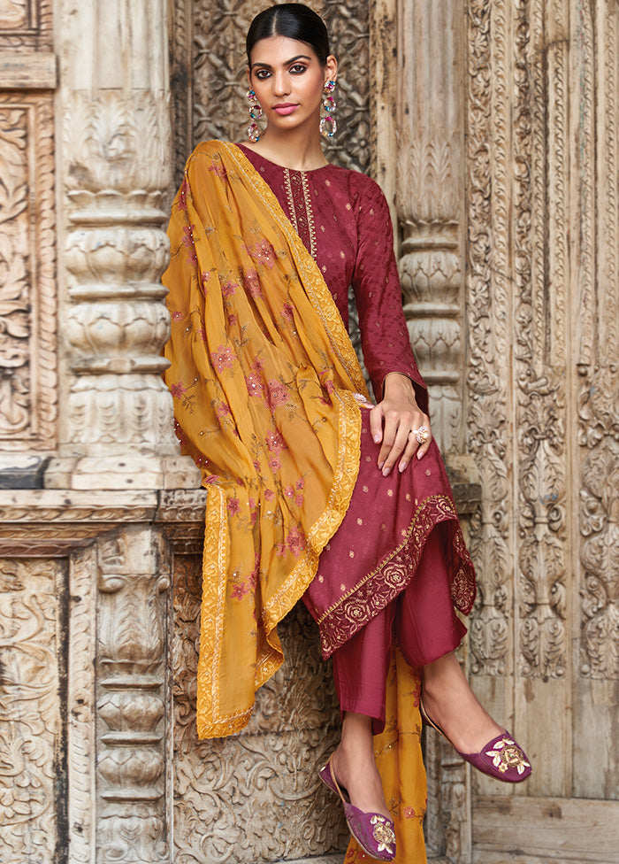 3 Pc Maroon Unstitched Silk Suit Set With Dupatta