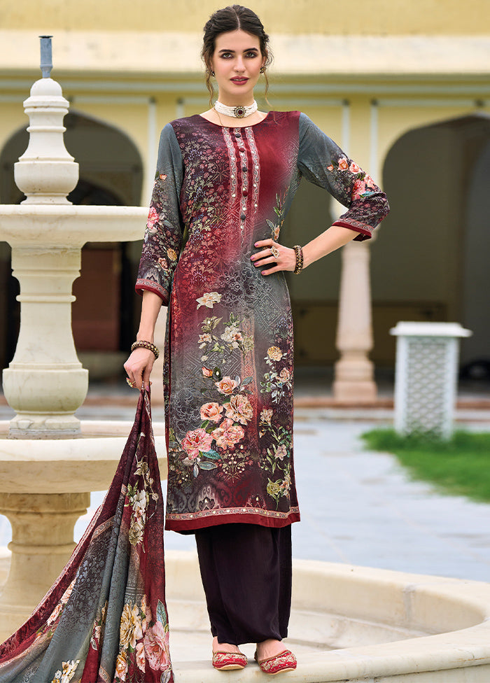 3 Pc Maroon Unstitched Suit Set With Dupatta