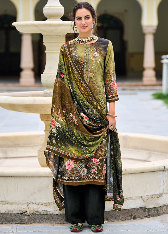 3 Pc Olive Green Unstitched Suit Set With Dupatta