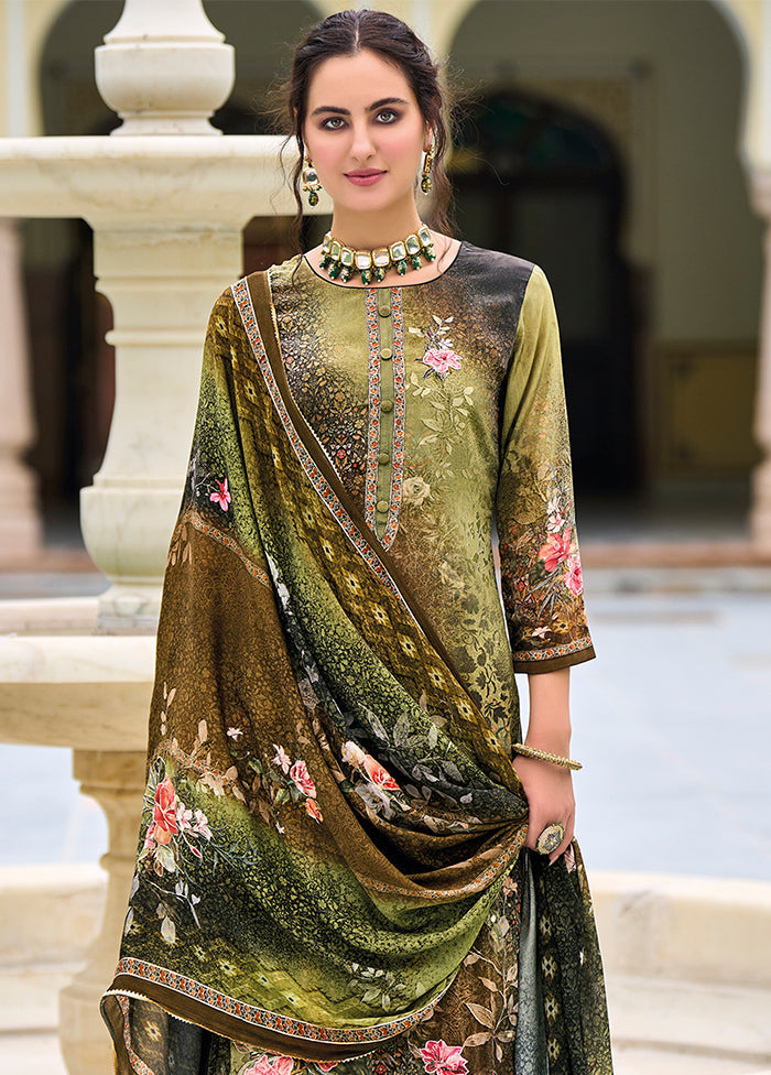 3 Pc Olive Green Unstitched Suit Set With Dupatta