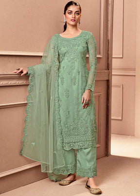 3 Pc Green Unstitched Net Floral Work Suit Set