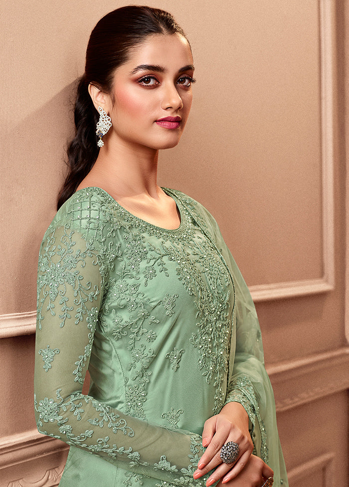 3 Pc Green Unstitched Net Floral Work Suit Set