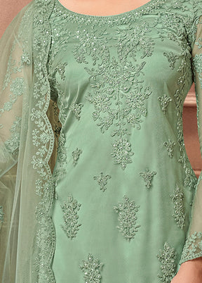 3 Pc Green Unstitched Net Floral Work Suit Set