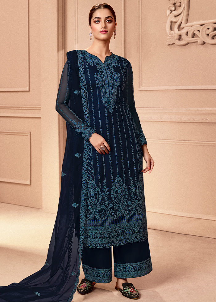 3 Pc Navy Blue Unstitched Net Floral Work Suit Set