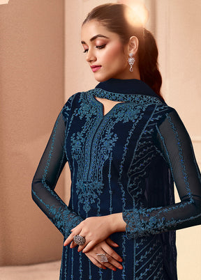 3 Pc Navy Blue Unstitched Net Floral Work Suit Set