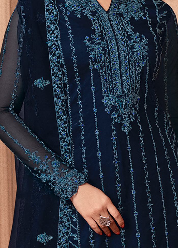 3 Pc Navy Blue Unstitched Net Floral Work Suit Set