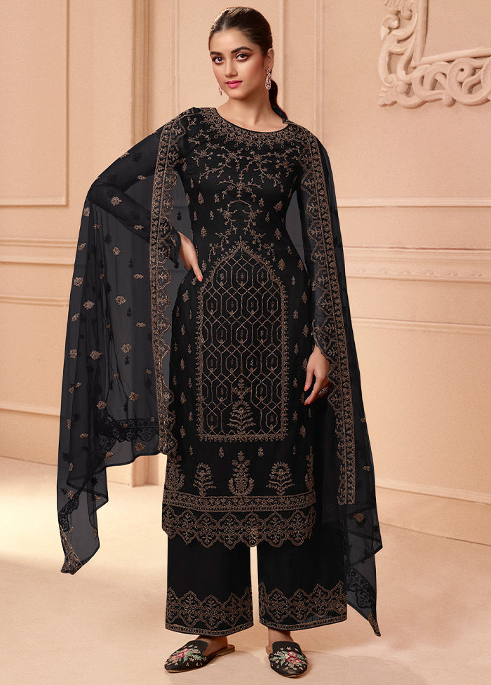 3 Pc Black Unstitched Net Floral Work Suit Set