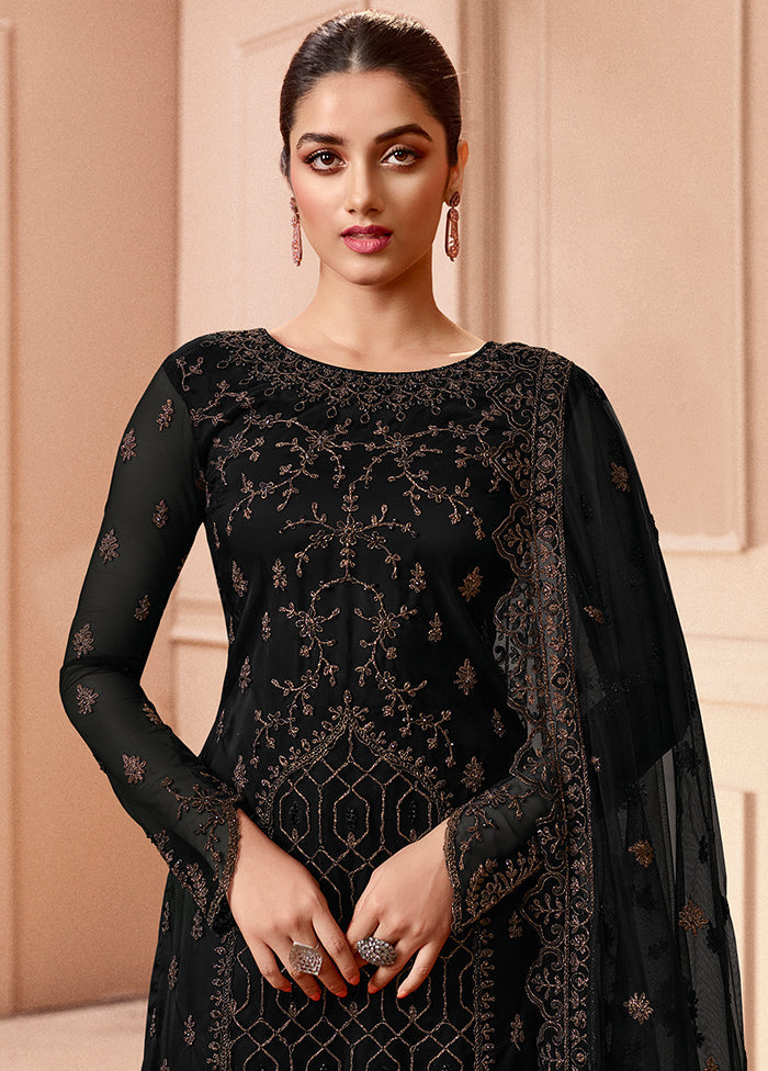 3 Pc Black Unstitched Net Floral Work Suit Set