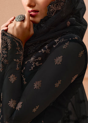 3 Pc Black Unstitched Net Floral Work Suit Set