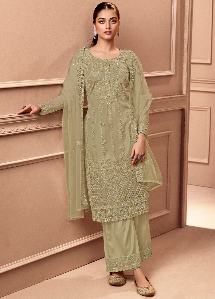 3 Pc Greyish Green Unstitched Net Floral Work Suit Set