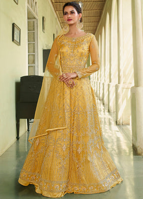 Yellow Semi Stitched Net Long Ethnic Dress