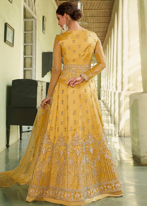 Yellow Semi Stitched Net Long Ethnic Dress