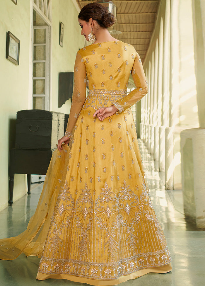 Yellow Semi Stitched Net Long Ethnic Dress