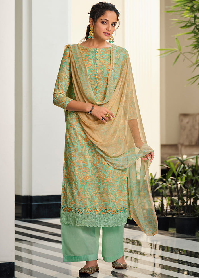 3 Pc Green Unstitched Suit Set With Dupatta