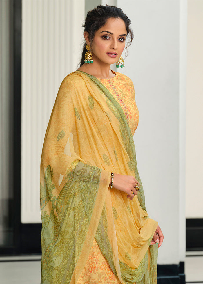 3 Pc Yellow Unstitched Suit Set With Dupatta