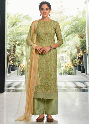 3 Pc Green Unstitched Suit Set With Dupatta