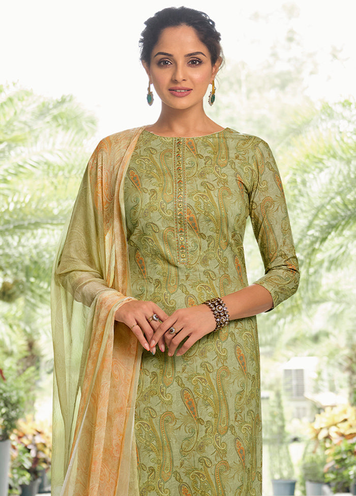 3 Pc Green Unstitched Suit Set With Dupatta