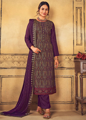 3 Pc Purple Unstitched Salwar Suit Set With Dupatta