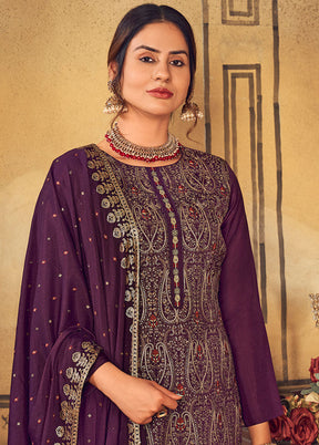 3 Pc Purple Unstitched Salwar Suit Set With Dupatta