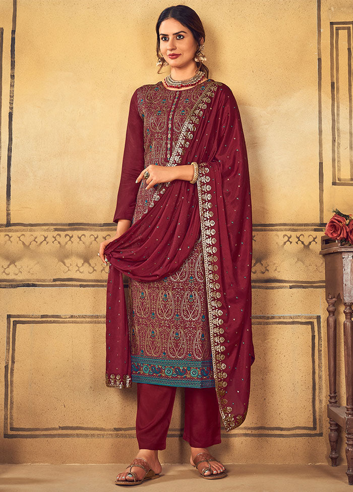 3 Pc Maroon Unstitched Salwar Suit Set With Dupatta