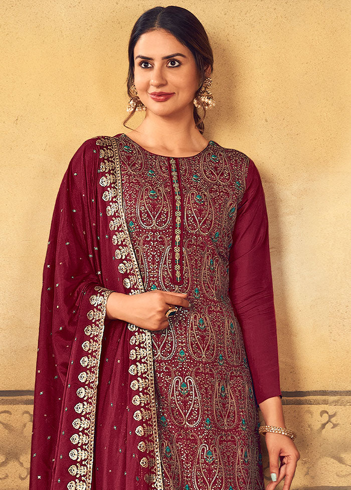 3 Pc Maroon Unstitched Salwar Suit Set With Dupatta