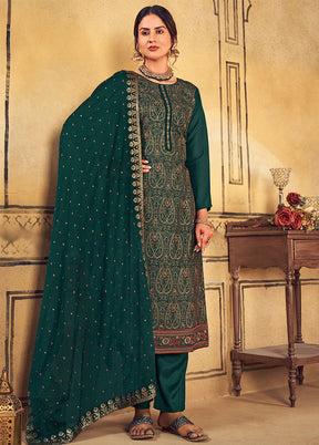 3 Pc Green Unstitched Salwar Suit Set With Dupatta