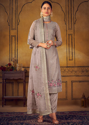 3 Pc Grey Unstitched Silk Suit Set With Dupatta