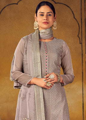 3 Pc Grey Unstitched Silk Suit Set With Dupatta