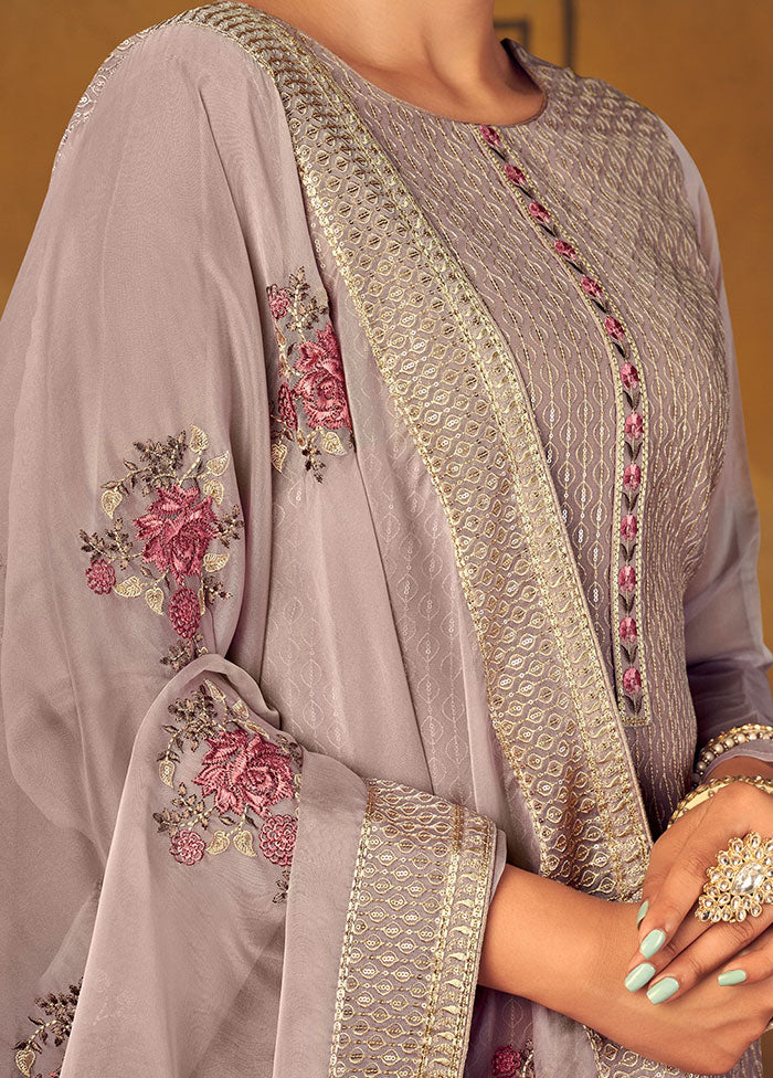 3 Pc Grey Unstitched Silk Suit Set With Dupatta