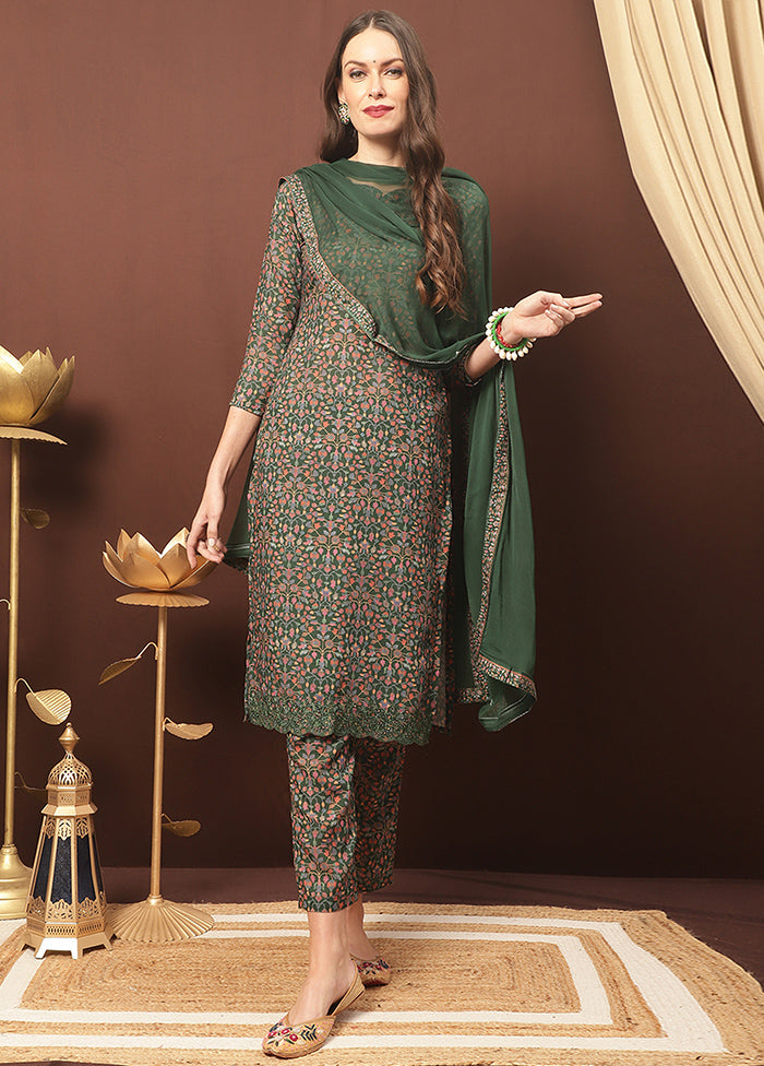 3 Pc Green Unstitched Silk Suit Set With Dupatta