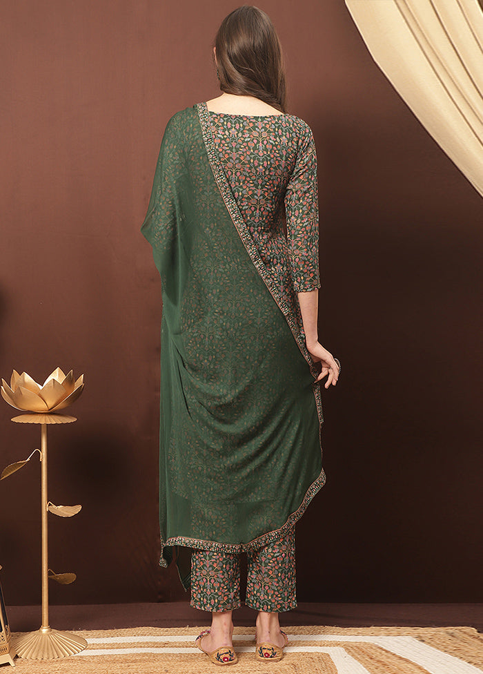 3 Pc Green Unstitched Silk Suit Set With Dupatta