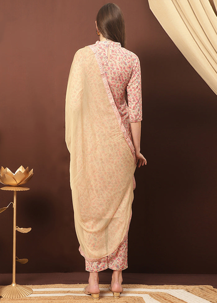 3 Pc Beige Unstitched Silk Suit Set With Dupatta