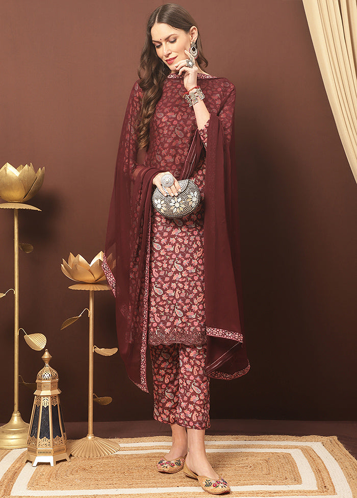 3 Pc Maroon Unstitched Silk Suit Set With Dupatta