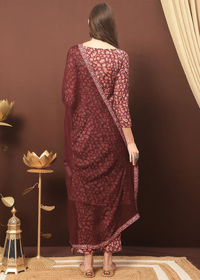 3 Pc Maroon Unstitched Silk Suit Set With Dupatta